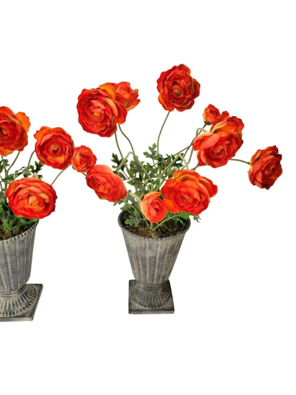 Pair Of Artificial Ranunculus Flowers In Aged Metal Look Ceramic Urn Planters Vi